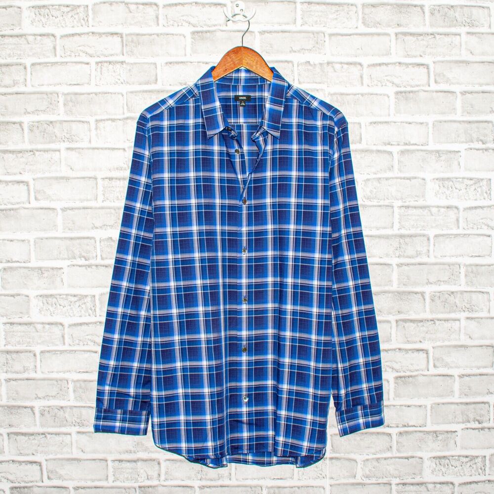 Vince Long Sleeve Button up Shirt Blue Plaid Cotton Men's XL